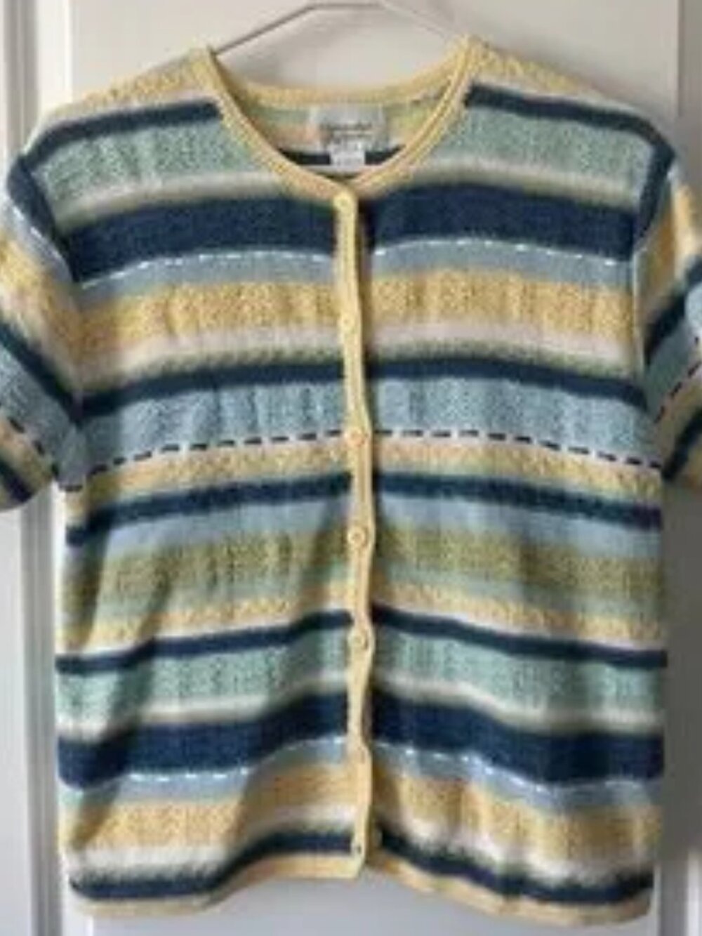 Striped Short Sleeve Cardigan - Yellow, Blue, Mint